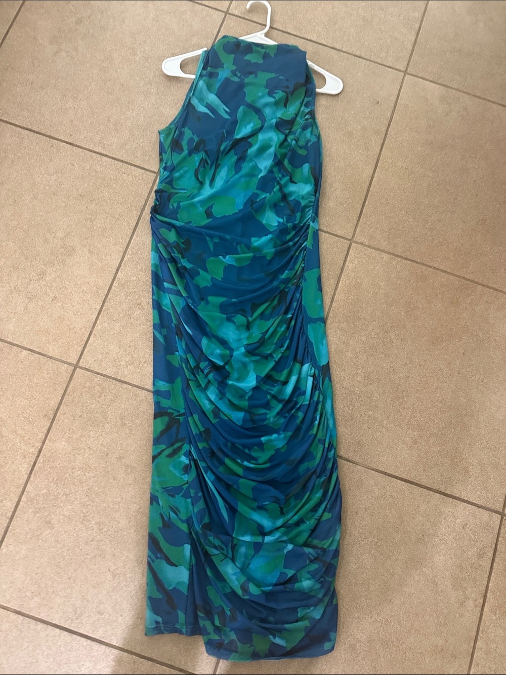 Sleeveless Blue-Green Ruched Maxi Dress